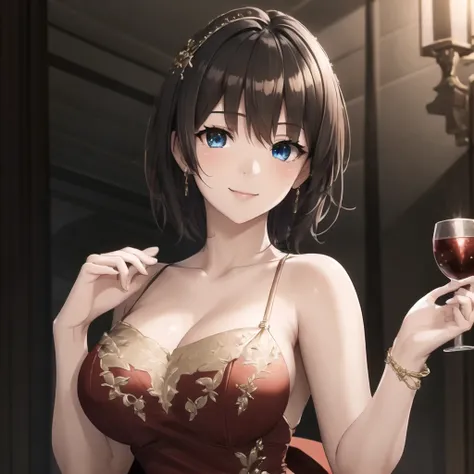 Masterpiece, absurdres, fine detail, HDR, highly detailed face and eyes, photorealistic, ballgown, a woman in a red dress posing for a picture , wearing a ballgown, superb golden embroidery,<lora:ballgown:0.7> ,full body, short hair,false smile, banquet, table full of food