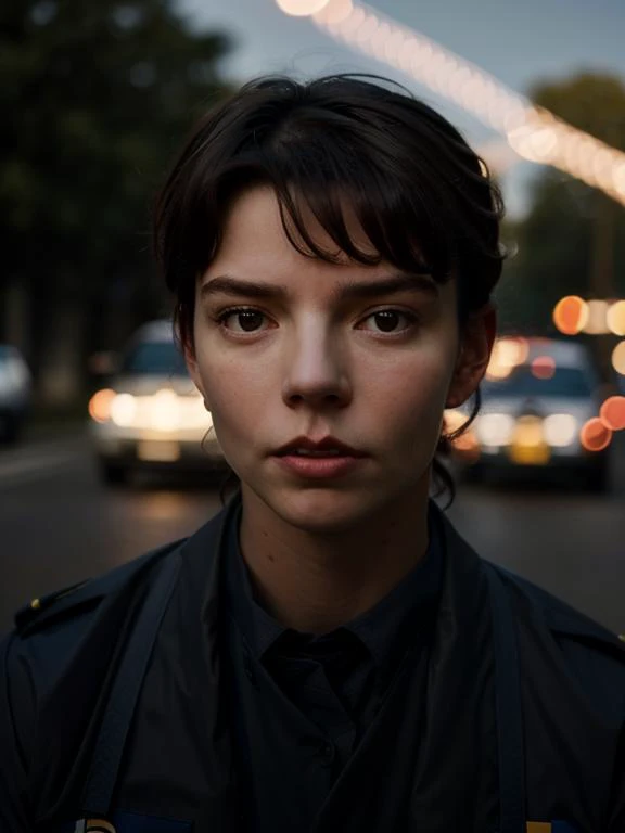 bokeh,halfbody,oil portrait,cinematic light,DSLR,dark mood, short brown hair ,as a  policewoman,<lora:any4tayl0r:1>,any4tayl0r