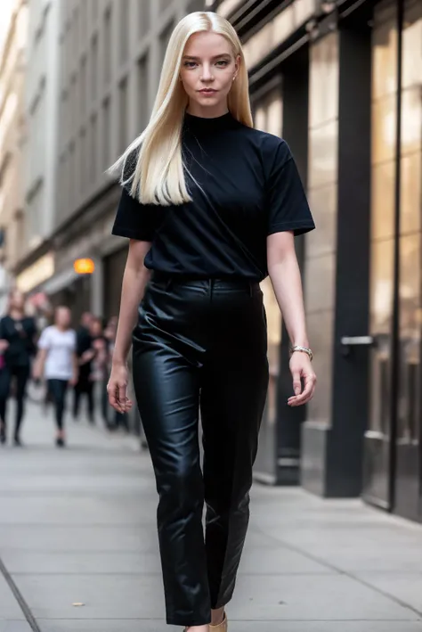 any4,standing,flat shoes,bare legs,blonde long hair,t-shirt and pants,(full body shot:1.1),city street,dof,volumetric lighting,masterpiece,extremely detailed skin,pores,cinematic,add_detail