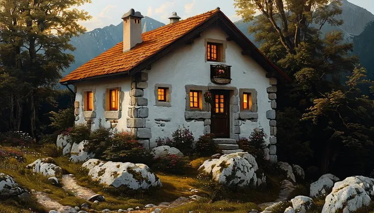 impactful paint of A mountain cottage <lora:The_Classic:1.0>, highly detailed, 8k, sharp, professional, clear, high contrast, high saturated, , vivid deep blacks, crystal clear