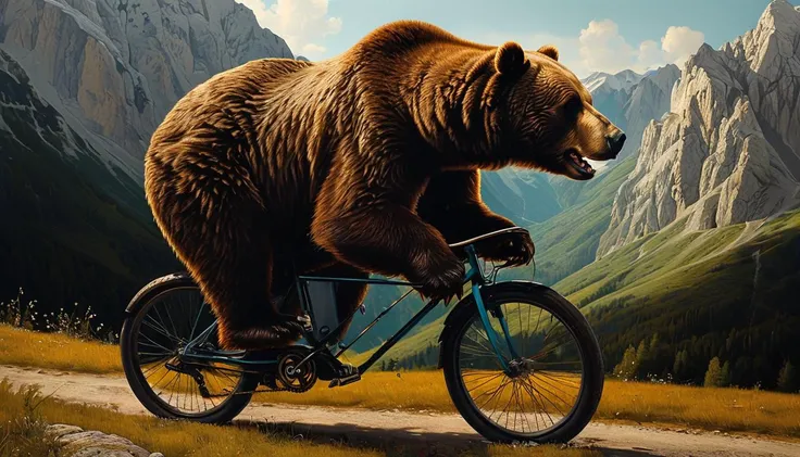 impactful color paint of an bear riding a bicycle in mountain <lora:The_Classic:0.8>, highly detailed, vibrant colors , 8k, sharp, professional, clear, high contrast, high saturated, , vivid deep blacks, crystal clear