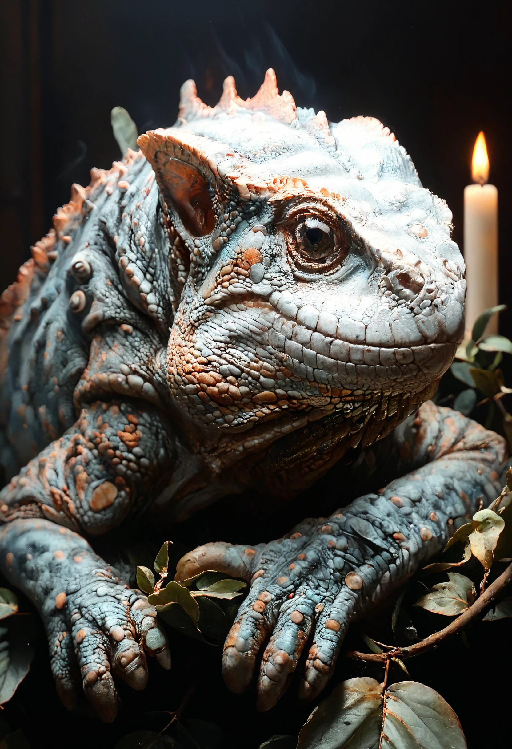 <lora:Mythical_Beasts:0.8> fmb Chameleon, <lora:great_lighting:0.8> great lighting, Candlelight, <lora:bl4ckl1ghtxl:0.7> bl4ckl1ghtxl <lora:The_Classic:0.8>