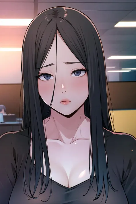 solo, upper body, looking at viewer, tired, office lady, large breasts, <lora:Song-Hwa:0.8> song-hwa