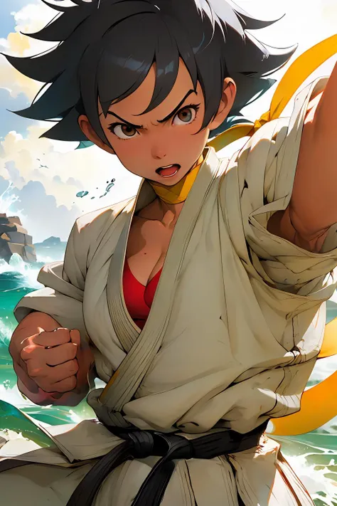 <lora:MakotoMS:0.7>, makotoms, yellow ribbon choker, dougi, red sports bra, belt, cleavage,
<lora:DynamicKungfu:0.9>,close up, dynamic pose, ocean, rock, water effect,
punching,
1girl, solo, cute face, kawaii,
masterpiece, best quality,
looking at viewer,
<lora:add_detail:-0.5:OUTALL>