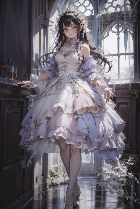 masterpiece, absurdres, incredibly absurdres, extremely detailed, best quality, lodress, white pantyhose,high heels, full body, 1girl, solo, slim, long black hair, expressionless, looking at viewer, detailed background, standing, indoors, palace, luxury decorations, sunshine, <lora:lo_dress_classic_style3_v1:0.7>