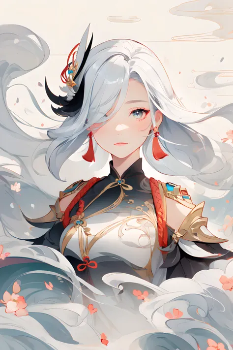1girl, woman focus, (shenhedef, white hair, very long hair, white eyes, hair covered one eye), <lora:genshinfull1-000006:1>, portrait, Flat and Zen Chinese Illustration style, (silver cloud and flow air:1), randomly distributed clouds, river, falling petals, (melt), (silver and white melt), (gold and silver lace), <lora:å¶å¶å¶å¶å¶_Zenpainting l ç¦
ææç»_v1.0:0.7>
