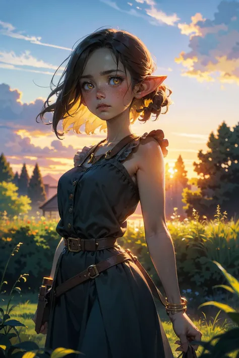 (masterpiece:1.3), (best quality:1.3), (hires, high resolution:1.3), 8k, ultra_detailed, extremely_clear, photograph, beautiful, sharp focus, hdr, (realistic, ultra realistic), BREAK
1girl, solo, goblin girl, ginger hair, redhead, freckles, medium breasts, green skin, (yellow eyes, detailed eyes), villager outfit, belt, jewlery, BREAK
(medium close-up shot, looking at viewer:1.2), (Tilt shift, bokeh, deep focus), BREAK
fantasy, village, pathway, markets, trees, grass, hedges, fences, bushes, buildings, BREAK
(evening, sunset, golden hour, clouds, sky, gradient), (volumetric lighting, natural lighting, sunlight),
<lora:goblin_lora:1> <lora:Pyramid lora_Ghibli_n3_0.7+Pyramid lora_Ghibli_v2_0.3:0.8>