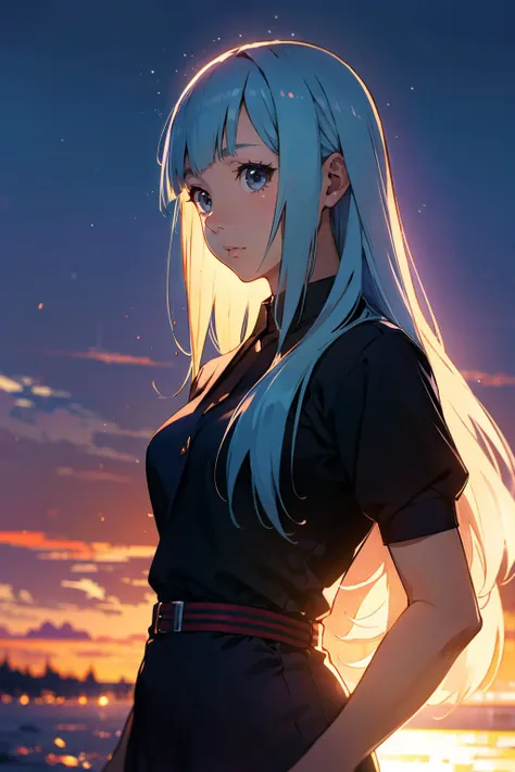 (masterpiece, best quality, hires, high resolution:1.2), extremely detailed, realistic, 1girl, MiwaKasumi, light blue hair, long hair, blunt bangs, luxury fabrics, sunset, cinematic lighting, <lora:MiwaKasumi_v1:0.8>