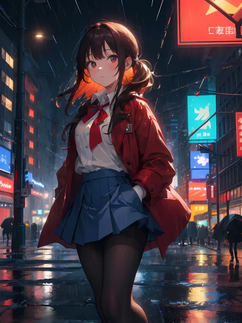 1girl, 4k, 8k, high quality, color photo of a girl with striking brown hair, dressed in a pristine school uniform, blue skirt, white shirt, ((black pantyhose)), and a vibrant ((red coat)), standing on a bustling city street adorned with snowy Christmas lights, modern city street, new york, raytracing style, city light in the dark night, rainy night, big rain, <lora:add_detail:0.5>, ((big wind, rain)), neon screens, hands in the pockets