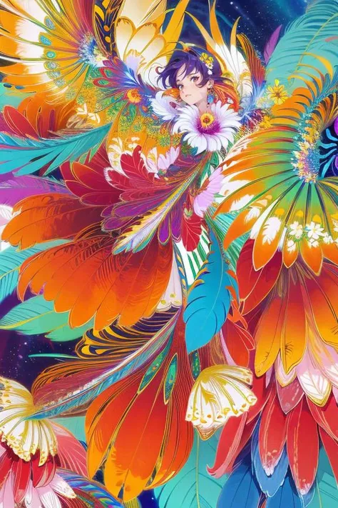masterpiece, best quality,(1girl, upper body), fractal art,colorful,highest detailed, (dynamic pose), (abstract background), (many colors), ,(earrings), (feathers),multicolored background,extremely detailed,(flowers:1.3), <lora:gongbi:0.8>