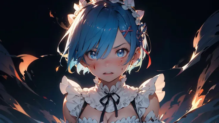 <lora:Rem_ReZero_v1_1:0.7>rem re zero, blue hair, short hair, maid uniform, hair ornament, cleavage, maid headdress, detached sleeves, ribbon, cowboy shot, dark background, embers, smoke, blood on face, single horn, angry