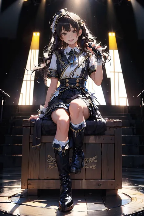 masterpiece, best quality, idol_costume, white knee boots, 1girl, solo, smile, idol, full body, looking at viewer, long black hair, sitting on stage, stage lighting, stage spotlight, detailed background, holding microphone, audience, <lora:idol_costume_style1_v2:0.7>