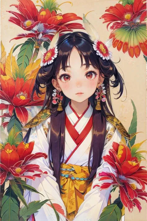 gongbihua, masterpiece, best quality,(1girl:1, upper body:1, symmetry center portrait, face front), fractal art,colorful,highest detailed, (wear feather hanfu), (abstract background), (many colors), ,(earrings), (feathers),multicolored background,extremely detailed,(flowers:1.3), <lora:gongbi:0.9>