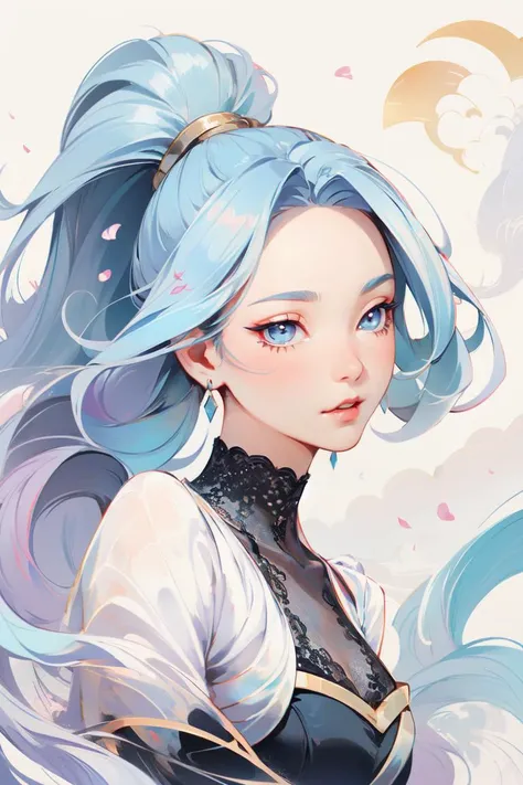 1girl, young girl, woman focus, seraphine1, 1girl, solo, blue hair, k/da \(league of legends\), very long hair, multicolored hair, jewelry, ponytail, blue eyes, earrings, dress, black choker, two-tone hair, beautiful face, portrait, Flat and Zen Chinese Illustration style, (blue purple cloud and flow air:1), randomly distributed clouds, river, falling petals, (melt), (black and white melt), (gold and silver lace), <lora:å¶å¶å¶å¶å¶_Zenpainting l ç¦
ææç»_v1.0:0.7>, <lora:h_madoka_seraphine_v1.0:0.6>