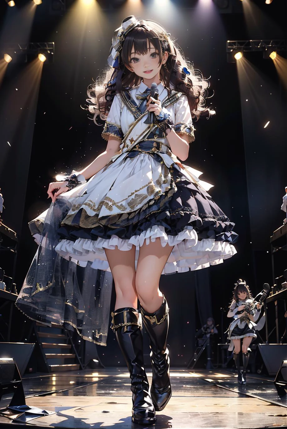 masterpiece, best quality, idol_costume, white knee boots, 1girl, solo, smile, idol, full body, looking at viewer, long black hair, standing on stage, stage lighting, stage spotlight, detailed background, holding microphone, audience, <lora:idol_costume_style1_v2:0.7>