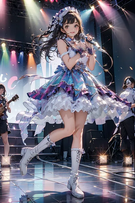 masterpiece, best quality, idol_costume, white knee boots, 1girl, solo, smile, idol, full body, looking at viewer, long black hair, standing on stage, stage lighting, stage spotlight, detailed background, holding microphone, audience, <lora:idol_costume_style2_v2:0.7>