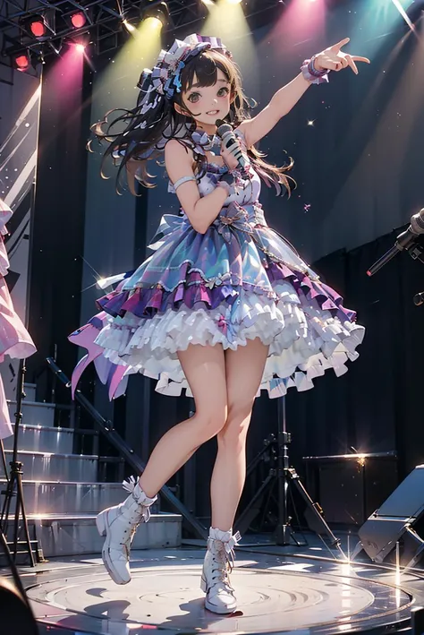 masterpiece, best quality, idol_costume, white knee boots, 1girl, solo, smile, idol, full body, looking at viewer, long black hair, standing on stage, stage lighting, stage spotlight, detailed background, holding microphone, audience, <lora:idol_costume_style2_v2:0.7>