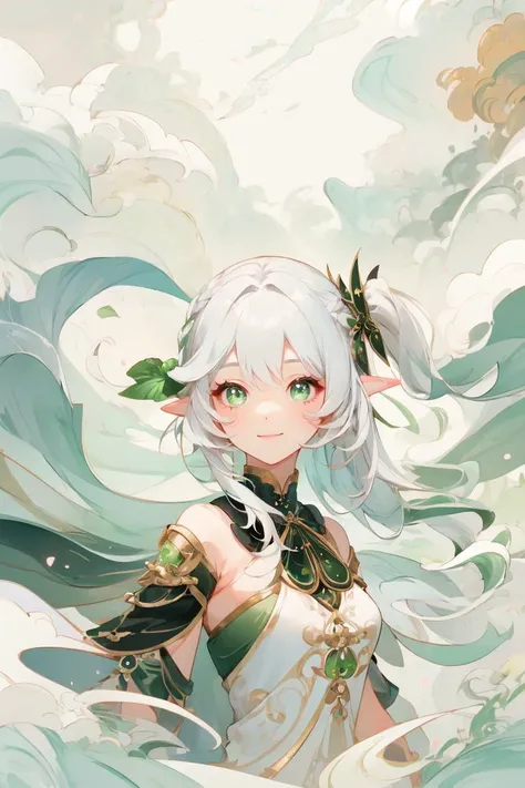 1girl, young girl, woman focus, (nahidadef, smile, cute, white hair, elf ears, green eyes, hair ornament, side ponytail), <lora:genshinfull1-000006:1>, beautiful face, portrait, Flat and Zen Chinese Illustration style, (mint green cloud and flow air:1), randomly distributed clouds, river, falling petals, (melt), (black and white melt), (gold and silver lace), <lora:å¶å¶å¶å¶å¶_Zenpainting l ç¦
ææç»_v1.0:0.7>