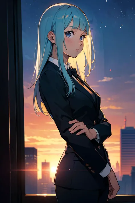 <lora:MiwaKasumi_v1:0.8> (masterpiece, best quality, hires, high resolution:1.2), extremely detailed, realistic, 1girl, miwaKasumi, light blue hair, long hair, blunt bangs, bsuit, black jacket, black tie, white shirt, black pants, sunset over city, rooftop, cinematic lighting, waist level shot, upper body, close-up, looking at viewer