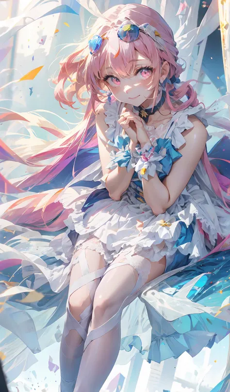 (masterpiece:1.2, best quality),dynamic lighting, full body,looking downward,
indoors,sitting on Throne,
floating, luminous,holding a glowing glass cup,
1girl, solo,foxy eye makeup, body detail, face detail , (flat chest),glowing pink eyes,arms crossed,smile,
low ponytail, tied hair, short hair, ((pink hair)),multicolored_hair,streaked_hair,
glowing skin,three fox tail,((white stockings)), ((purple|white|blue clothes)),garter straps,
<lora:add_detail:0> <lora:StarRail_Kafka_AP_v4:0.4> <lora:sweetLolita_v10:0.7> <lora:whitestocking:0.6> <lora:眼睛双:1>