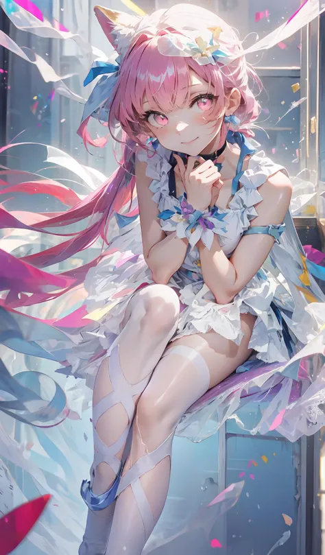 (masterpiece:1.2, best quality),dynamic lighting, full body,looking downward,
indoors,sitting on Throne,
floating, luminous,holding a glowing glass cup,
1girl, solo,foxy eye makeup, body detail, face detail , (flat chest),glowing pink eyes,arms crossed,smile,
low ponytail, tied hair, short hair, ((pink hair)),multicolored_hair,streaked_hair,
glowing skin,three fox tail,((white stockings)), ((purple|white|blue clothes)),garter straps,
<lora:add_detail:0> <lora:StarRail_Kafka_AP_v4:0.4> <lora:sweetLolita_v10:0.7> <lora:whitestocking:0.6> <lora:眼睛双:1>