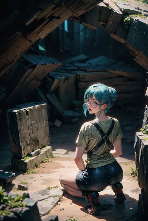 masterpiece, best quality, high quality, highly detailed, beautiful, intricate details,
a strange big stone engraved with the inscription 404 is discovered by a young archaeologist
1 young woman, solo, archaeologist, blue hair, very short hair, braided bun, glasses, black rangers, tight khaki shorts, khaki hiking shirt,
looking at the big stone, kneeling in a dark cave, ancient ruins, from behind, darkness, annoyed, incomprehension, open mouth <lora:epi_noiseoffset2:1> <lora:more_details:1>