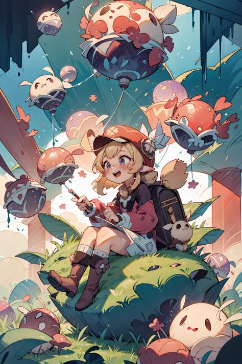 a girls sitting on a giant ice cream, which is adorned with vibrant colors, delightful frosting, and rainbow sprinkles. She holds an oversized waffle cone,shimmering candies. Floating around her are some small balloons, each tied to a petite candy. The scene is filled with sweetness and joy, showcasing the girl's happiness and the enchanting fusion of her imagination and a fantastical world,fantasy, high contrast, ink strokes, explosions, over exposure, purple and red tone impression , abstract, ((watercolor painting by John Berkey and Jeremy Mann )) brush strokes, negative space, <lora:klee:1>,1girl,smile,red hat,pointy ears,backpack,ahoge,dress,long sleeves,ribbed legwear,knee boots,dodoco \(genshin impact\), jumpy dumpty,charm \(object\),<lora:add_detail:0.5>