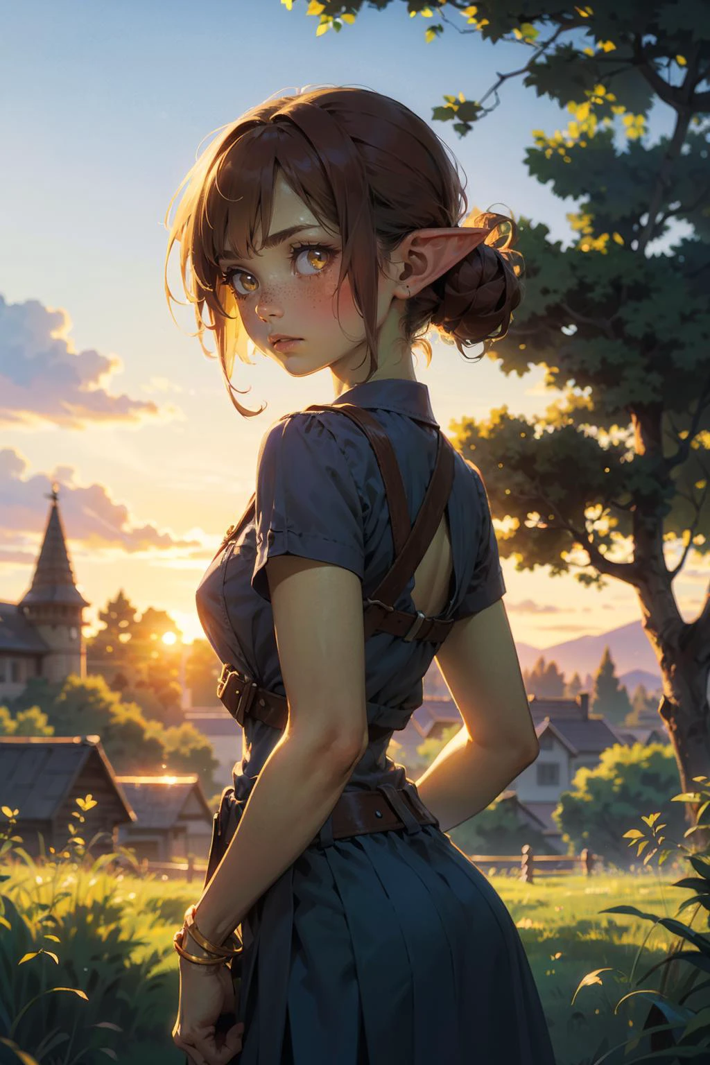 (masterpiece:1.3), (best quality:1.3), (hires, high resolution:1.3), 8k, ultra_detailed, extremely_clear, photograph, beautiful, sharp focus, hdr, (realistic, ultra realistic), BREAK
1girl, solo, goblin girl, ginger hair, redhead, freckles, medium breasts, (green skin, yellow eyes, detailed eyes), villager outfit, belt, jewlery, BREAK
(medium shot, looking at viewer:1.2), (Tilt shift, bokeh, deep focus), BREAK
fantasy, village, pathway, markets, trees, grass, hedges, fences, bushes, buildings, clear blue sky, BREAK
evening, sunset, golden hour, (volumetric lighting, harsh shadows, natural lighting, sunlight),
<lora:goblin_lora:1> <lora:Pyramid lora_Ghibli_n3_0.7+Pyramid lora_Ghibli_v2_0.3:0.7>