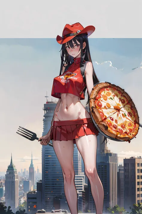 high quality, best quality, highres, absurdres, cowboy shot, 1girl, solo, large breasts, perky breasts, toned, groin, petite, <lora:Raita:0.8>, raita, looking at viewer, holding (huge fork), holding (pepperoni pizza shield), red fedora, red crop top, red skirt, (Pizza Hut:0.6), city skyline in the background, narrow waist, hip bones,