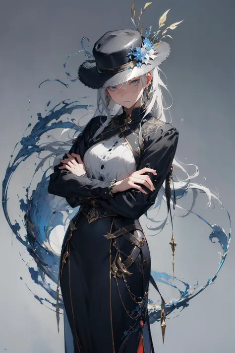 masterpieces,hyper detail,artbook,portrait,beautifu and aesthetic face,1girl, hat, grey_background, solo, crossed_arms, long_sleeves