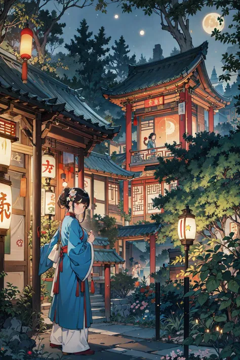 prompt:1girl,chinese clothes, hanfu,lantern,city, East Asian architecture,garden,street,building on mountain,light particles,firefly,night:1.5,moon,star,river, nature,neon lights,cyberpunk,outdoors,(Masterpiece, best quality, very detailed CG, complex details: 1.2), <lora:xrs2.0:0.5>