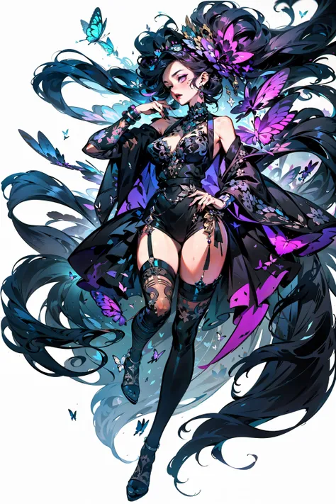 <lora:Red crowned crane_20231013185252:.8> (dramatic, gritty, intense:1.4),masterpiece, best quality, insane details, intricate details, hyperdetailed, hyper quality, high detail, ultra detailed, Masterpiece, 2d illustration,
black and purple motif, butterflies, free flowing, abstract style, haughty girl, solid background, full body, in the style of decadent illustrations