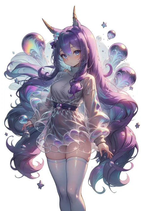 (best quality,masterpiece,absurbres,super-resolution),bubblytech,scifi,transparent,iridescent,see-through,inflated,<lora:BubblyTech:1>,
1girl,my little pony,animal ears,blue eyes,blush,bow,closed mouth,furry,furry female,hair between eyes,horns,long hair,long sleeves,oversized clothes,purple hair,rainbow,single horn,sketch,sleeves past fingers,sleeves past wrists,solo,star \(symbol\),sweater,tail,unicorn,