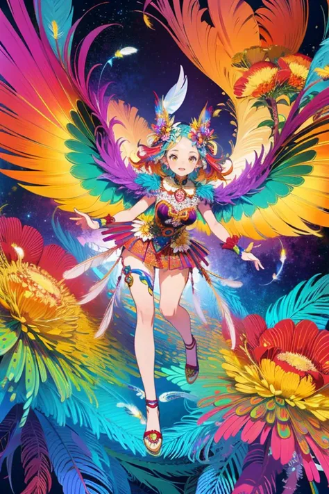masterpiece, best quality,(1girl, full body), fractal art,colorful,highest detailed, (dynamic pose), (abstract background), (many colors), ,(earrings), (feathers),multicolored background,extremely detailed,(flowers:1.3), <lora:gongbi:0.6>