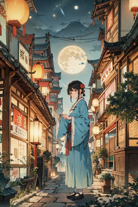 prompt:1girl,chinese clothes, hanfu,lantern,city, East Asian architecture,garden,street,building on mountain,light particles,firefly,night:1.5,moon,star,river, nature,neon lights,cyberpunk,outdoors,(Masterpiece, best quality, very detailed CG, complex details: 1.2), <lora:xrs2.0:0.5>