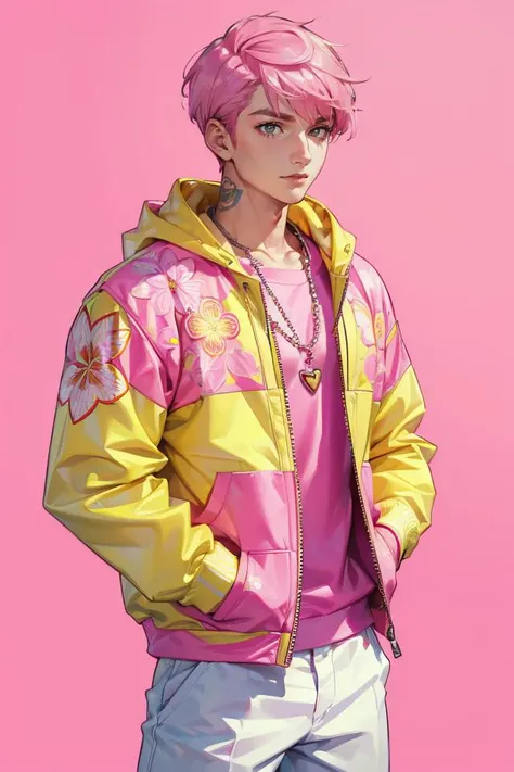 ((a man, pink short hair)) ((Pure pink and yellow background)),A vibrant young man in his early twenties stands confidently,floral jacket. His tattooed arms and beaded necklaces complement his pink hoodie,exuding a lively,retro vibe.,