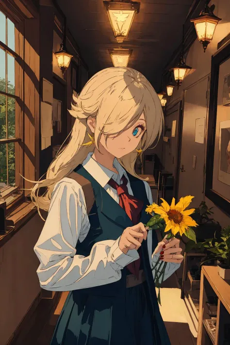 <lora:ros1-000020:1>, bug, butterfly, red eyes, flower, 1girls, shirt, long hair, broken glass, short hair, black hair, bangs, looking at viewer, picture frame, blonde hair, white shirt, collared shirt, eyepatch, ascot, long sleeves, glass, red flower, jacket, dress, one eye covered, holding, red nails, blue butterfly, school uniform <lora:BARD713_V71:1>