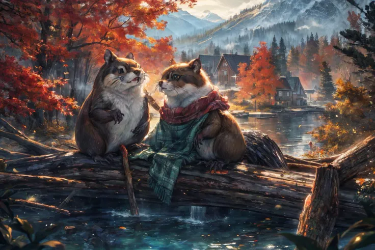 (RAW photo, 8k uhd, Analog style, Masterpiece, Best Quality, Highres:1.3), (dramatic, cinematic:1.2), BREAK,
movie shot of realistic (1beaver:1.35) wearing (sweater:1.4) (sitting:1.2) on (island on lake:1.2), (beaver tail, (paws:1.05):1.15), (holding stick:1.1), (river, detailed autumn mapple pine forest:1.2), (fabulous small house, beaver village:1.2), (mountains:1.1), (falling leaves:1.2), (wooden (logs:1.15), moss:1.2), (morning, fluffy cloud:1.25), (godrays, light particles, colorful:1.3), looking at viewer, (frontal:1.2), BREAK,
(photorealistic, no humans:1.3), (quadruped:1.35), (wearing plaid sweater:1.35), ((scarf:1.1), cute (eyes:1.15), full body:1.1), (wildlife photo, photo by discovery channel:1.2), (fantasy fabulous dream world, shiny:1.3), (soothing calm mood:1.2), (scandinavian northern nature, outdoors, steam, waterfall, cliff, aurora:1.1), brown, (rodent teeth:1.1), BREAK,
<lora:more_details:0.8>,
<lora:zoom_slider_v1:3.61>,