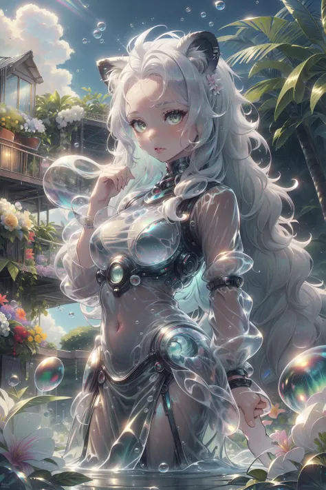 (best quality,masterpiece,absurbres,super-resolution),bubblytech,scifi,transparent,iridescent,see-through,inflated,<lora:BubblyTech:1>,
1girl,***********,white hair,wavy hair,open forehead,green eyes,narrow pupils,lion ears,white lion ears,lion tail,tropic garden,flowers,