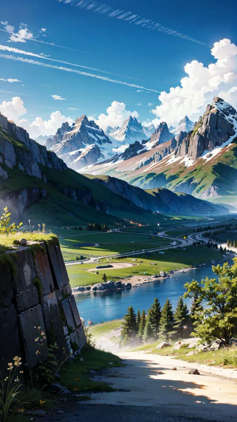 ((best quality, masterpiece, absurbres, super-resolution)) detailed scenery, mountains, skyline, clouds