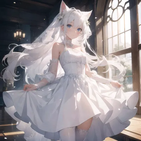 a girl,long hair,white hair,cat_ears,light_smile,(white wedding_dress:1.3),bare_shoulders,white_bodysuit,
standing,(skirt_lift:1.23),white_thighhighs,decorative pattern clothes,
(looking_at_viewer:1.2),church,floating dove,white flower,
(chen bin:0.5),(niliu_chahui:0.9),year 2023,(melailai:0.2),[[artist:as109]],ask_(askzy),efuri (riarea00),fukemachi,borii,minazuki (uraha246),nonddu,(masterpiece), (best quality), (ultra-detailed),
