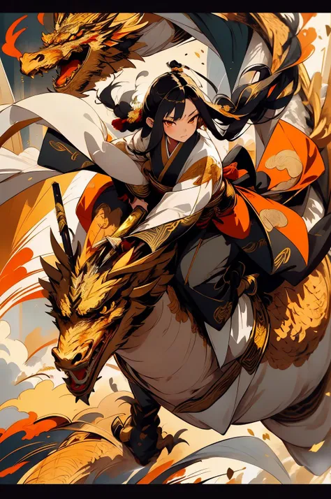 riding a golden dragon, Masterpiece, 1girl, close up, wear golden hanfu, Chinese Traditional cloth, ((holding a golden sword)), long black hair, hair braid, golden vortex  background, wind effect, ink painting style, dynamic pose, battle pose, smokexxx <lora:kungfu:0.8>  <lora:nijipretty_20230624235607:0.5> <lora:smokeanywhere:1> <lora:riding_a:0.7>