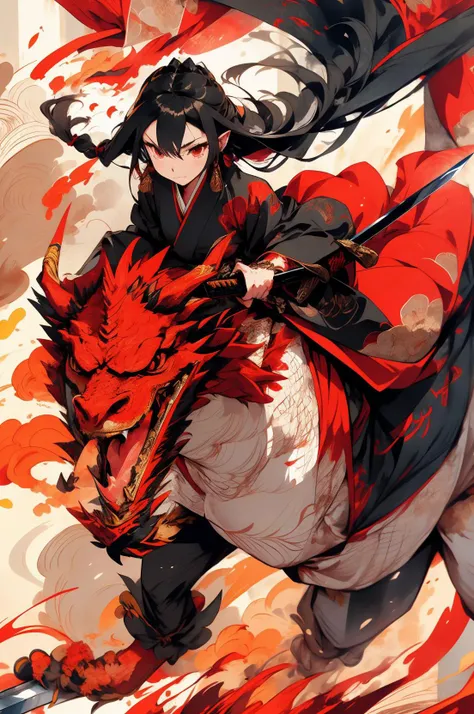 riding a red dragon, Masterpiece, 1girl, close up, wear colorful hanfu, Chinese Traditional cloth, ((holding a huge sword,)) long black hair, hair braid, fire flames background, wind effect, ink painting style, dynamic pose, battle pose, smokexxx <lora:kungfu:0.8> <lora:nijipretty_20230624235607:0.5> <lora:smokeanywhere:1> <lora:riding_a:0.7>