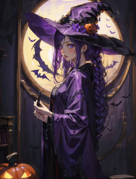 masterpiece, photorealistic
halloween witch, purple witch robe
perfect hands, good hands,