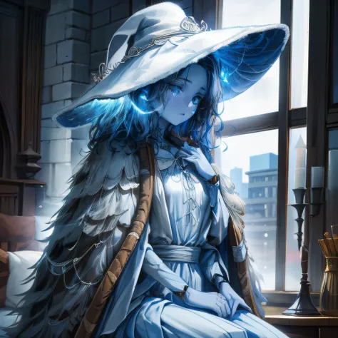 1woman, adult,IncrsRanni,wavy hair, cracked skin, colored skin, blue skin,extra faces, extra arms,doll, joints, doll joints,white dress, hat, cloak,masterpiece, view, <lora:RanniV4LoRA:1> <lora:add_detail:1> <lora:Pyramid lora_Ghibli_n3_0.7+Pyramid lora_Ghibli_v2_0.3:1>