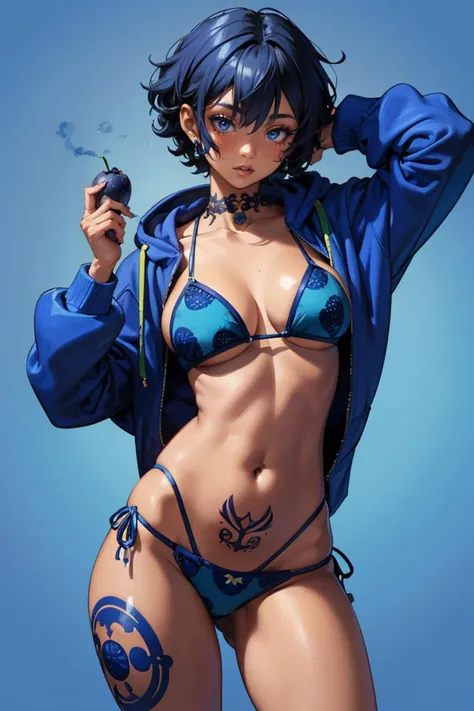 (A African black woman:1) blue curly short hair style,holding a blueberry,( Her decked out in an blue blueberry themed ensemble),complete with (green bikini and hoodie) . Her laid-back demeanor contrasts with the vibrant,spooky accessories. ((on a pure blue background)). array of tattoos,