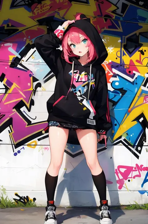 (masterpiece, best quality), detailed clothing, extremely detailed background
BREAK (1girl), 18yo, solo, charming face, tilting head, nsfw,
Dynamic, (graffiti-inspired:1.4), street scene featuring a group of energetic youths striking bold, expressive poses, hoodies emblazoned with abstract, neon-hued graphics that seem to pulse with youthful vitality