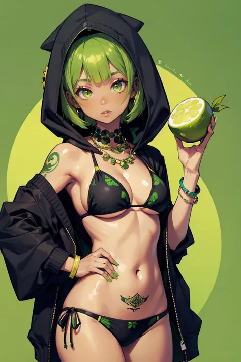 (A African black woman, green bobcut hair style) holding a green lemon,( Her decked out in an green lemon themed ensemble),complete with (green bikini and hoodie) . Her laid-back demeanor contrasts with the vibrant,spooky accessories. ((on a pure light green background)). array of tattoos,