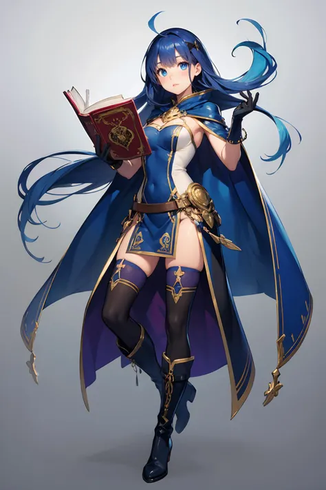 magic,Two-dimensional culture,western clothing style,original character design,game characters,1girl,solo,book,long hair,gloves,blue hair,blue eyes,floating object,gradient,thighhighs,gradient background,elbow gloves,cape,full body,open book,floating,boots,very long hair,holding,looking at viewer,dress,grey background,quill,floating book,gold trim,