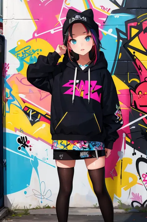 (masterpiece, best quality), detailed clothing, extremely detailed background
BREAK (1girl), 18yo, solo, charming face, tilting head,
Dynamic, (graffiti-inspired:1.4), street scene featuring a group of energetic youths striking bold, expressive poses, hoodies emblazoned with abstract, neon-hued graphics that seem to pulse with youthful vitality